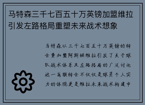 马特森三千七百五十万英镑加盟维拉引发左路格局重塑未来战术想象
